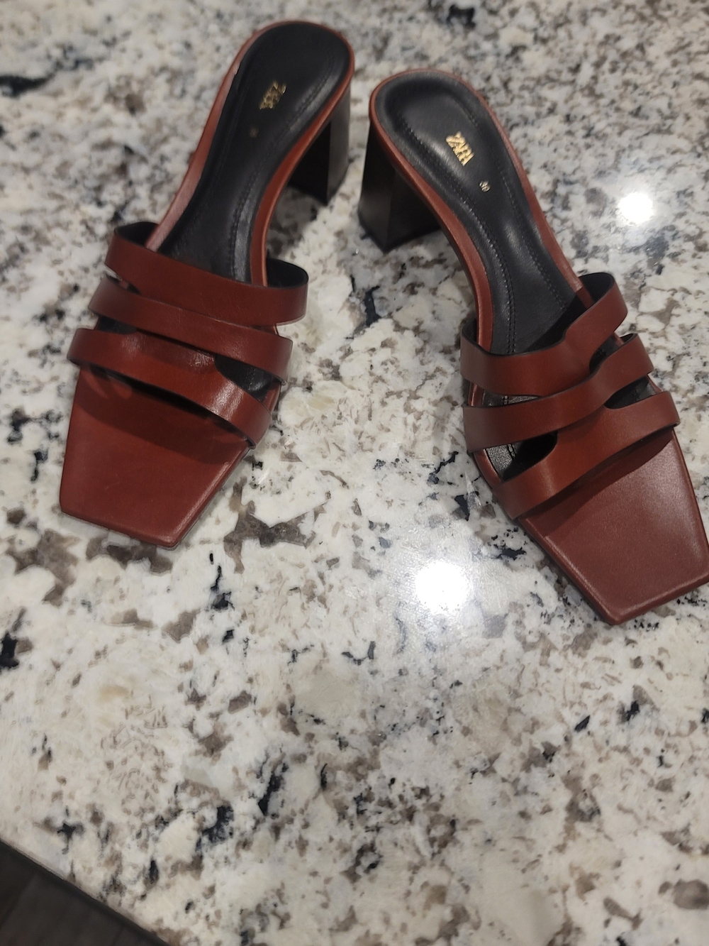 Zara New Brown Strappy Square-Toe Block Heel Mules